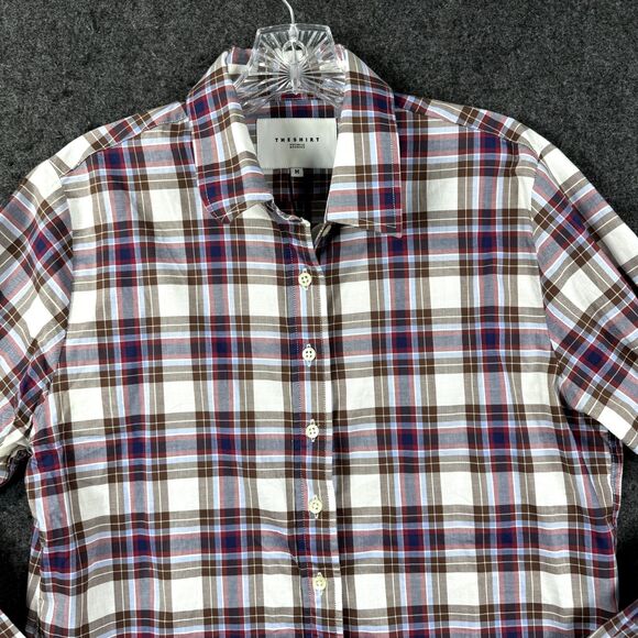 The Shirt By Rochelle Behrens Top Women's Medium Red Blue Plaid Button Down - Picture 2 of 7